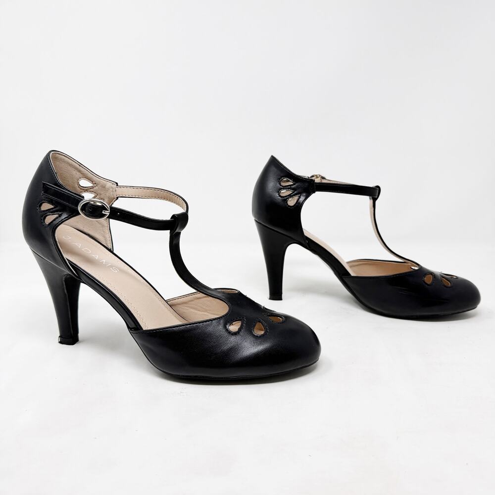 [Modcloth] J. Adams Black Vegan Leather Retro 20s T-Strap Round Toe Heels Size 9